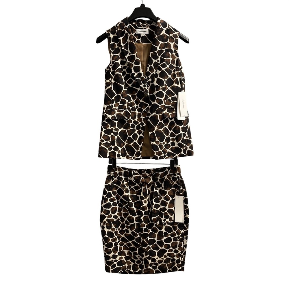 Calvin Klein Skirt Vest Set Womens 2 Brown Linen Blend Animal Print Office Work